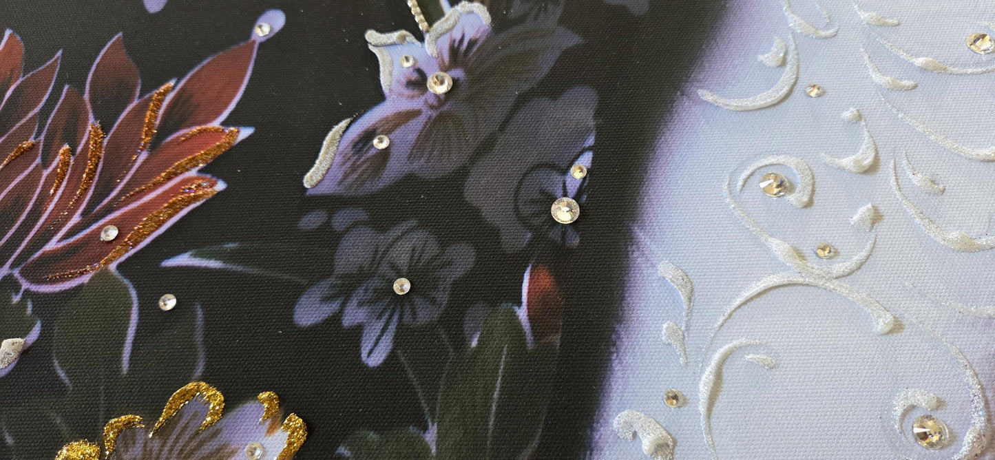 Quadro personalizzabile Geisha su Tela – Pittura Fatta a Mano con Swarovski e Glitter | Arredo casa/ufficio Classico e Moderno