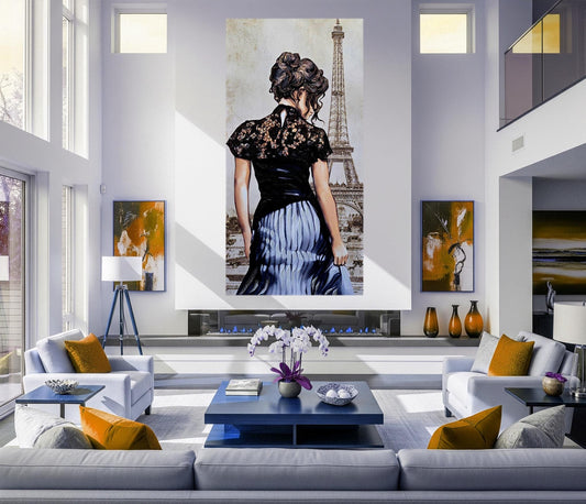 Quadro personalizzabile Donna figurativo Parigi su Tela – Pittura Fatta a Mano con Swarovski e Glitter | Arredo casa/ufficio Classico e Moderno
