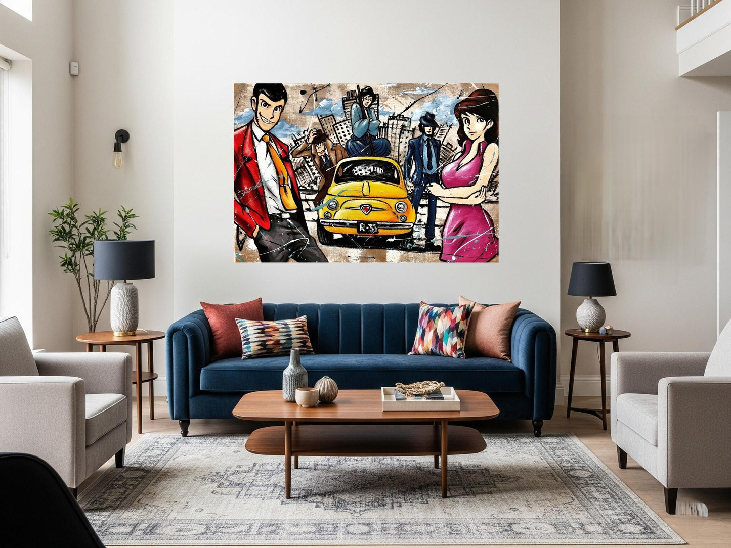 Quadro Personalizzato Lupin e Co – Stampa Tela Vintage Cartoni Animati | Arredo Casa e Ufficio con Paesaggio e Macchina Fiat