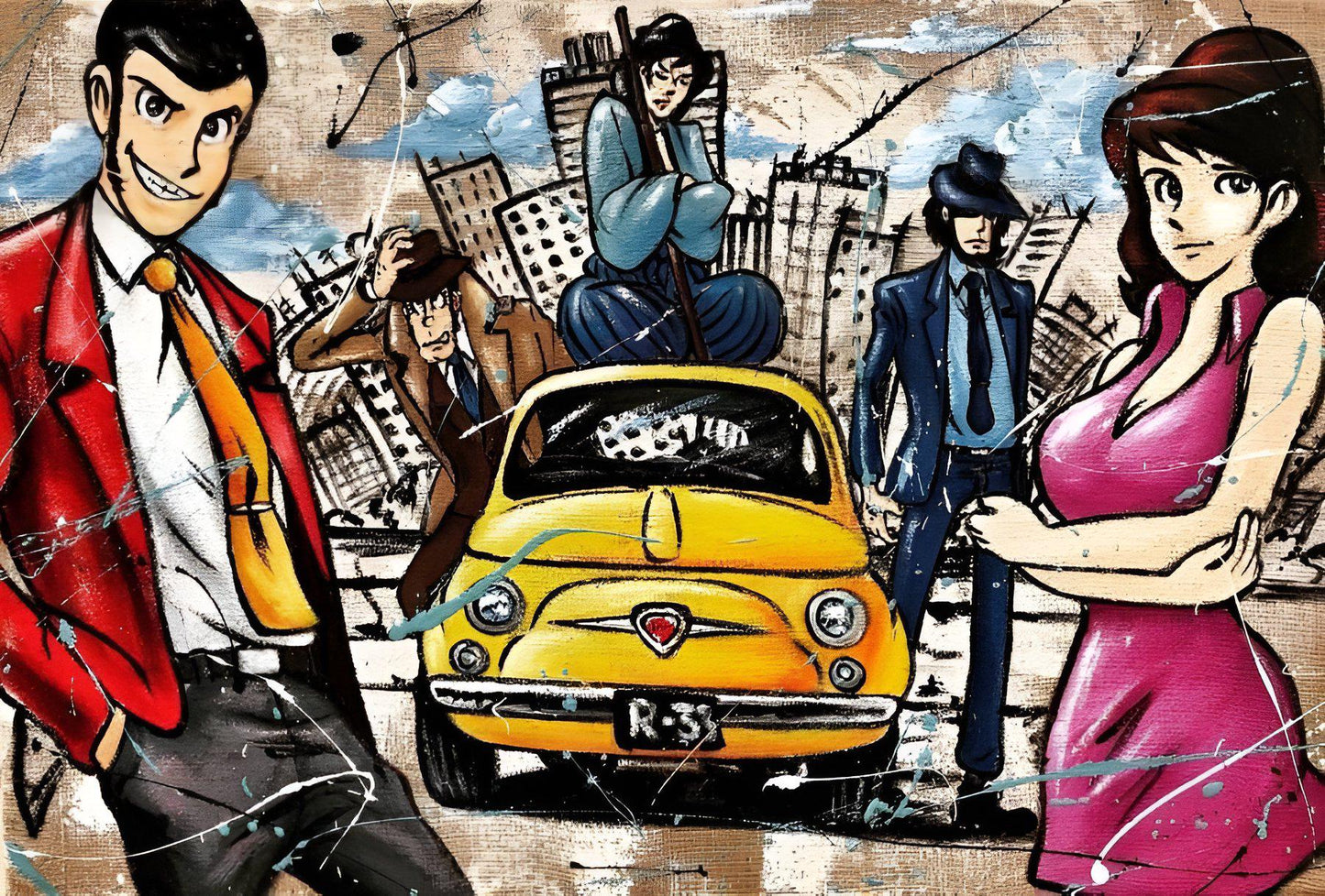 Quadro Personalizzato Lupin e Co – Stampa Tela Vintage Cartoni Animati | Arredo Casa e Ufficio con Paesaggio e Macchina Fiat