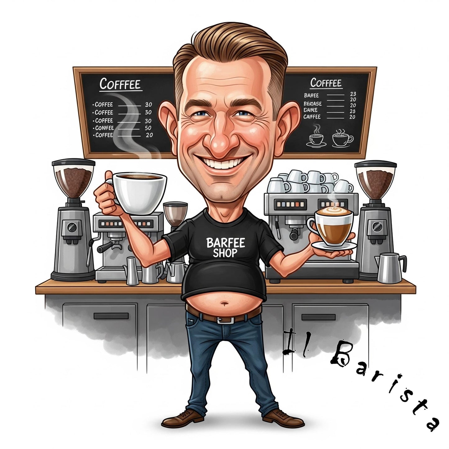 Quadro Caricatura Barista – Bozzetto Originale su Tela | Idea Regalo Personalizzabile per Casa e Ufficio