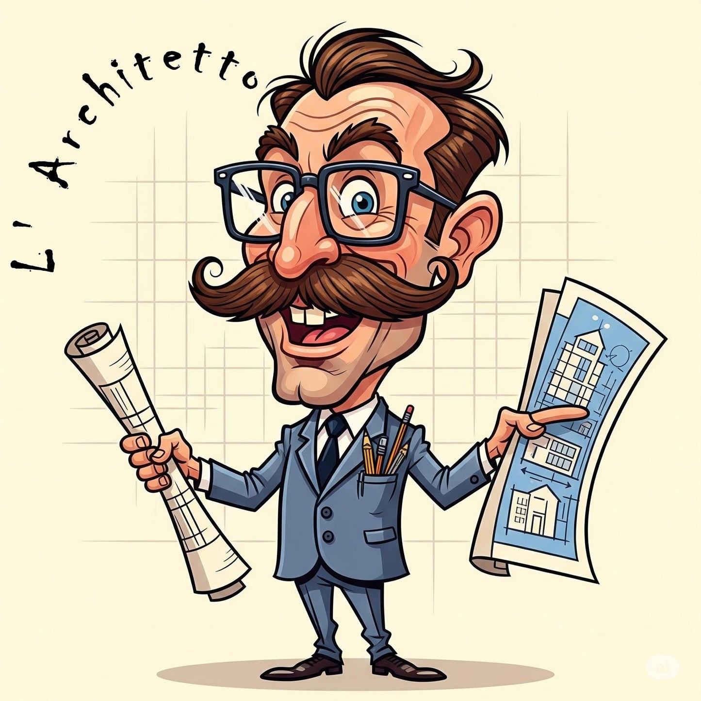 Quadro Caricatura Architetto– Bozzetto Originale su Tela | Idea Regalo Personalizzabile per Casa e Ufficio Classico, Moderno, Vintage