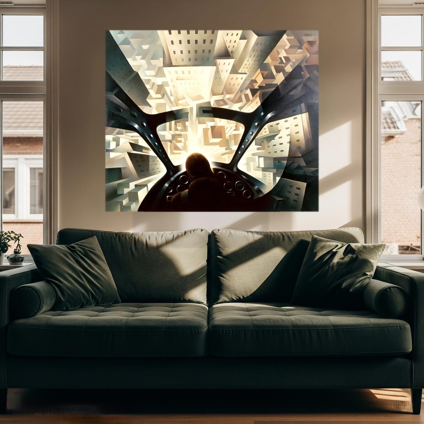 Quadro Pittorico a Pennello su Tela – Crali “Incuneandosi nell’Abitato Aereo” | Arredo Casa e Ufficio Personalizzato | Moderno/Classico