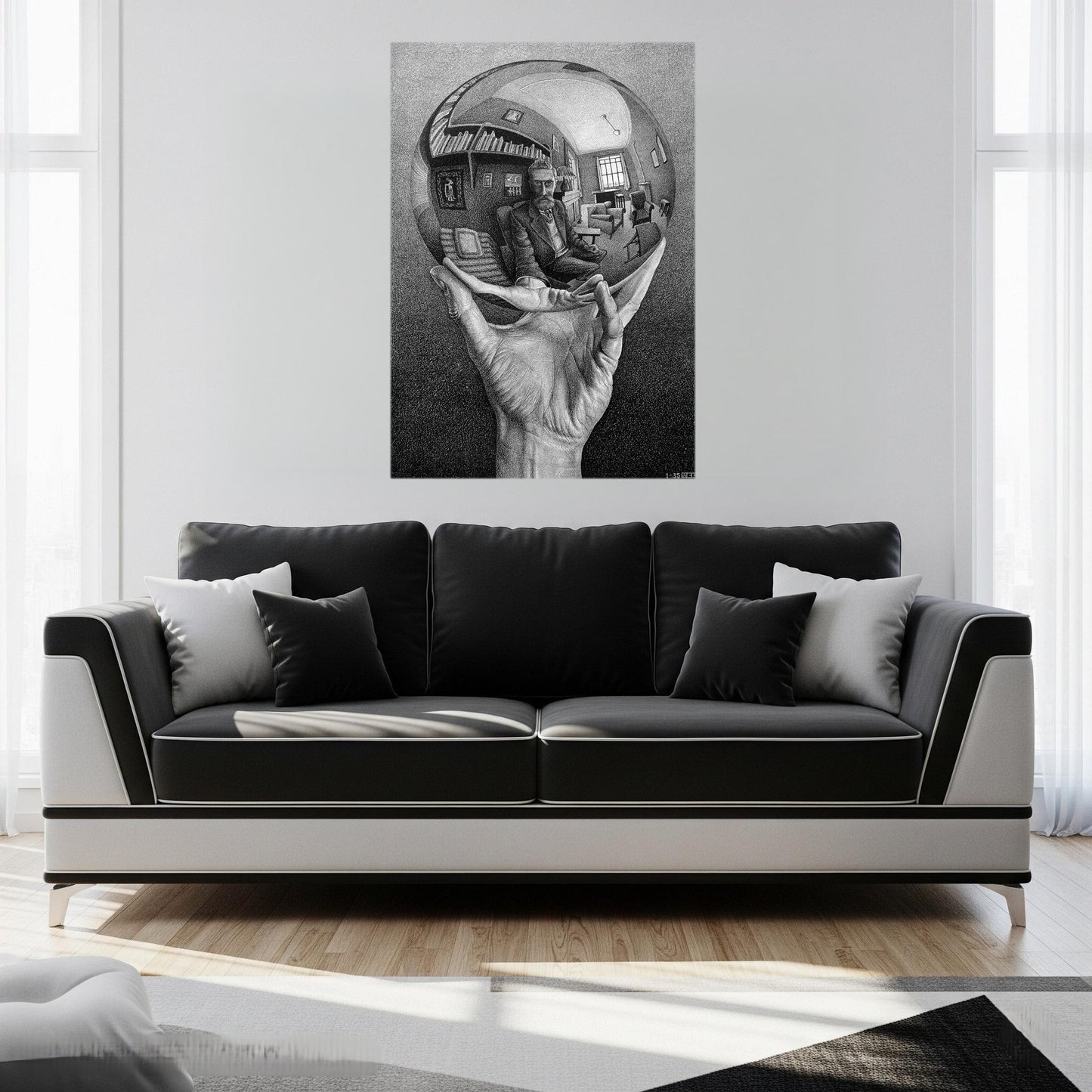 Quadro Mano con Sfera Riflettente – Stampa Tela Personalizzata Effetto Pittura Ispirata a Escher | Arte Visiva per Casa o Ufficio