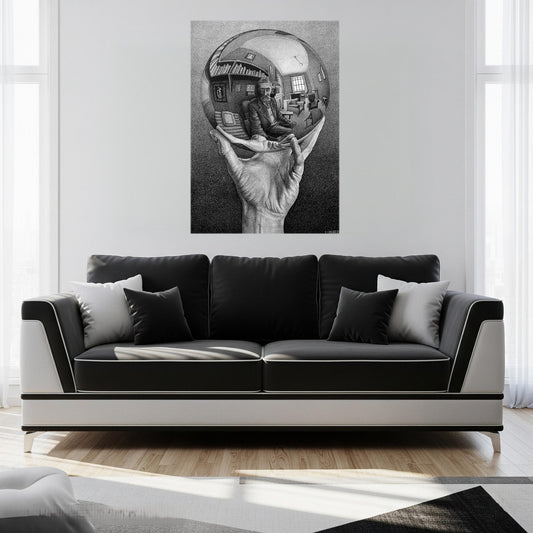 Quadro Mano con Sfera Riflettente – Stampa Tela Personalizzata Effetto Pittura Ispirata a Escher | Arte Visiva per Casa o Ufficio
