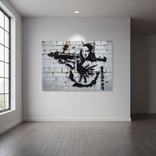 Stampa su Tela Personalizzata – Quadro Street Art in Stile Banksy | Gioconda con Fucile per Arredo Casa/Ufficio
