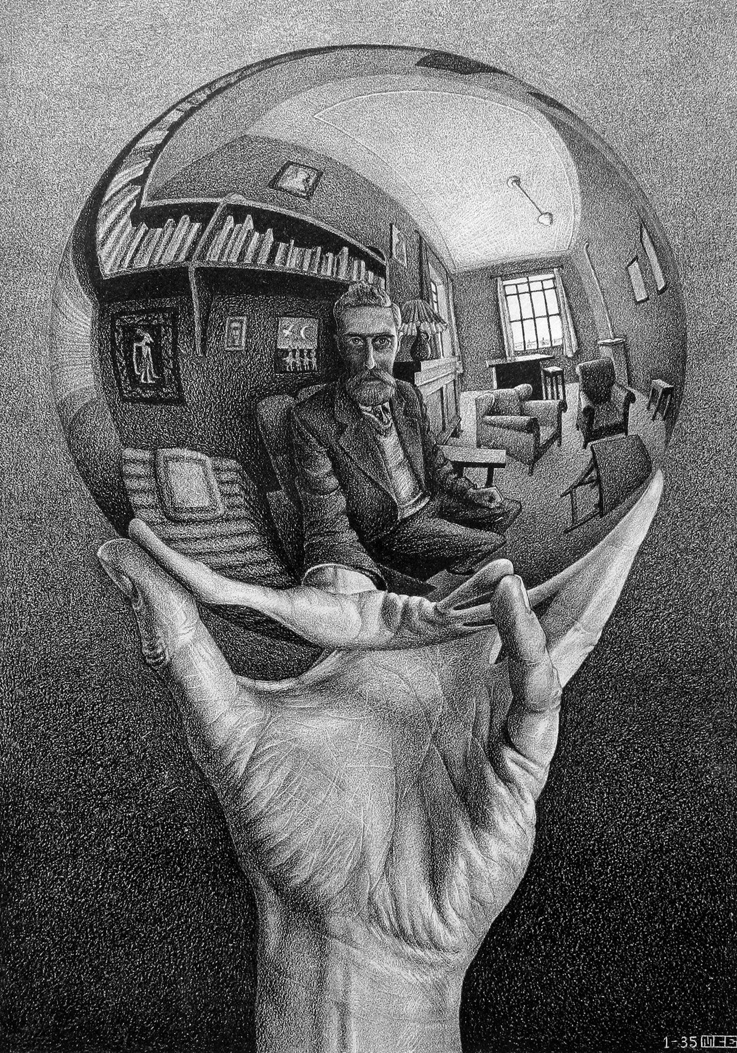 Quadro Mano con Sfera Riflettente – Stampa Tela Personalizzata Effetto Pittura Ispirata a Escher | Arte Visiva per Casa o Ufficio
