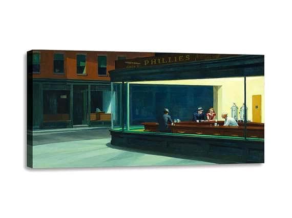 Quadro Nighthwalks di Hopper – Stampa su Tela Effetto Dipinto a Mano | Arte Murale Bancone Notturno per Casa o Ufficio