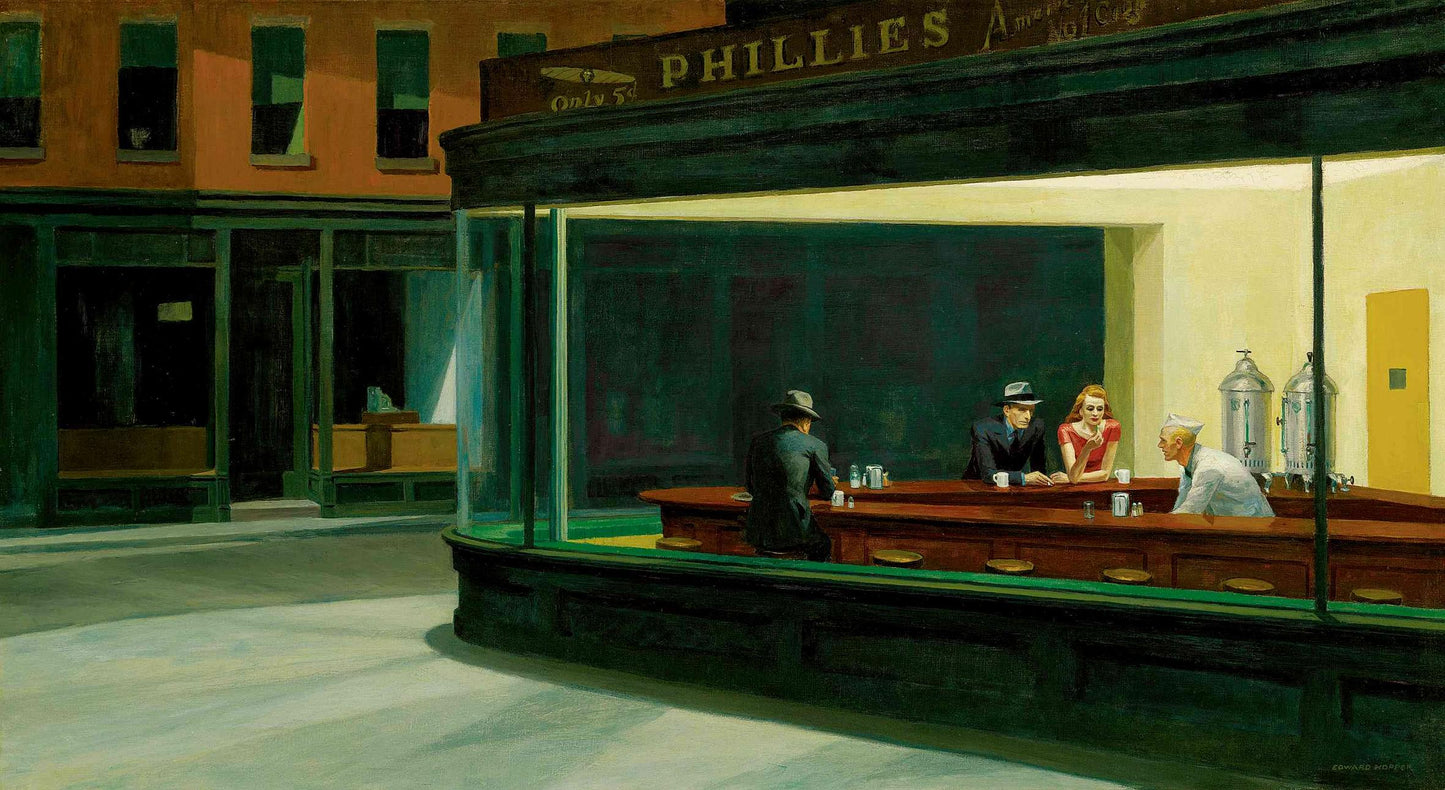 Quadro Nighthwalks di Hopper – Stampa su Tela Effetto Dipinto a Mano | Arte Murale Bancone Notturno per Casa o Ufficio