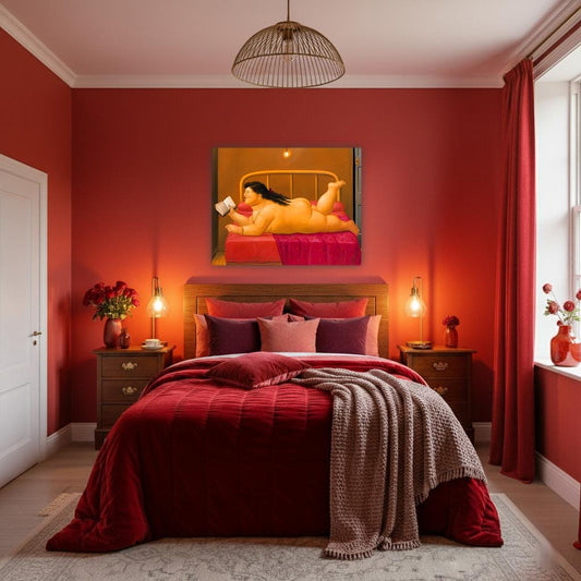 Quadro personalizzabile Donna che Legge Stile Botero – Stampa su Tela Effetto Dipinto a Mano | Arte Murale Casa o Ufficio