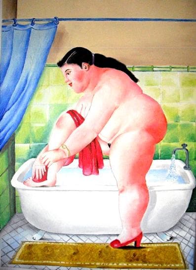Stampa su Tela Stile Botero – Donna al Bagno | Quadro Artistico per Casa o Ufficio | Arte Murale Moderna