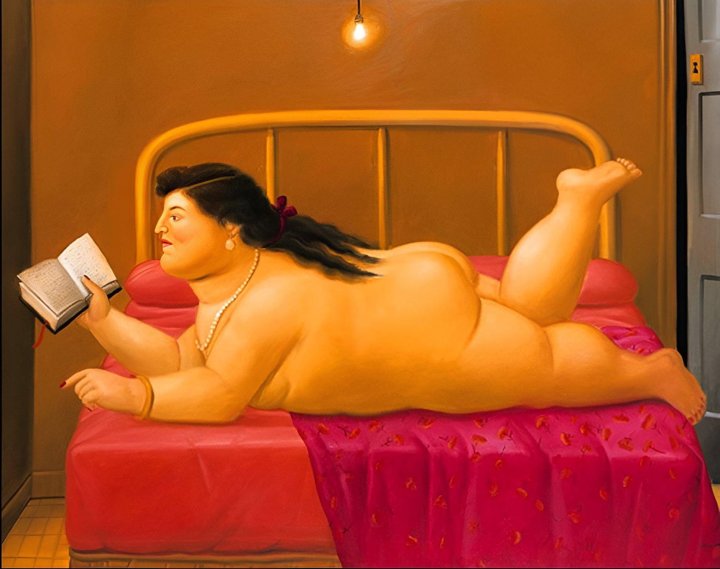 Quadro personalizzabile Donna che Legge Stile Botero – Stampa su Tela Effetto Dipinto a Mano | Arte Murale Casa o Ufficio