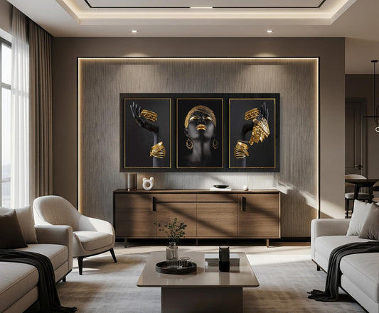 Stampa su Tela personalizzabile Trittico donna nero e oro figurativo Quadro Artistico Fatto a Mano per Casa Ufficio Arte Moderna e Classica
