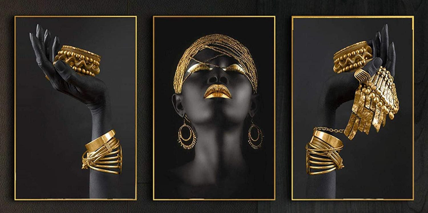 Stampa su Tela personalizzabile Trittico donna nero e oro figurativo Quadro Artistico Fatto a Mano per Casa Ufficio Arte Moderna e Classica