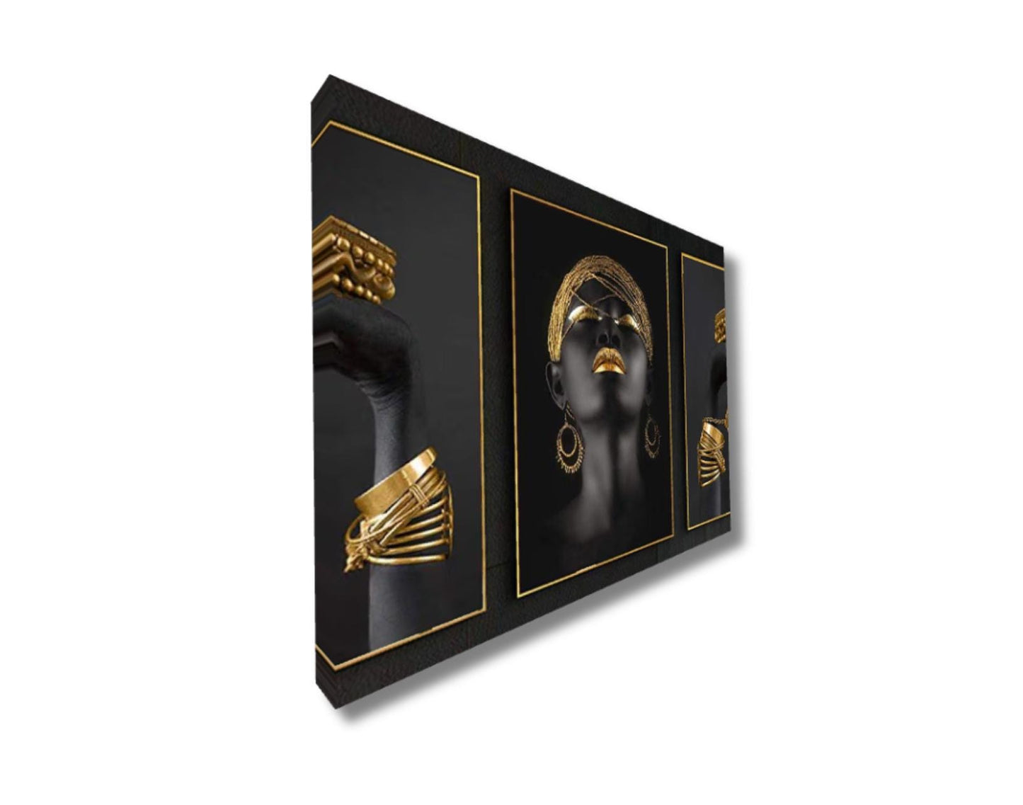 Stampa su Tela personalizzabile Trittico donna nero e oro figurativo Quadro Artistico Fatto a Mano per Casa Ufficio Arte Moderna e Classica